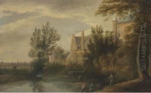 A River Landscape With A Fisherman, A Town Beyond by Lodewijk De Vadder