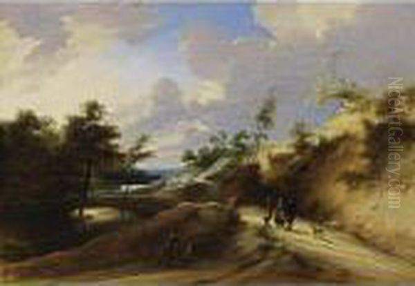 A Wooded Dune Landscape With
Peasants Conversing On A Path, A Dog On The Side, Near A Pond - view 1
