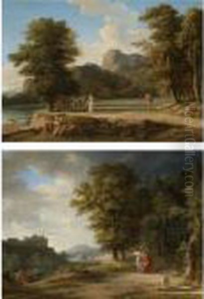 A Classical Landscape With A
View Of Colonus, The Eumenides Temple On Mount Citheron, Oedipus And His
Daughter Antigone Begging The Villagers Who Want To Expel Them From
Their Sacred Ground;
A Classical Landscape With Ulysses Imploring The Assista - view 1