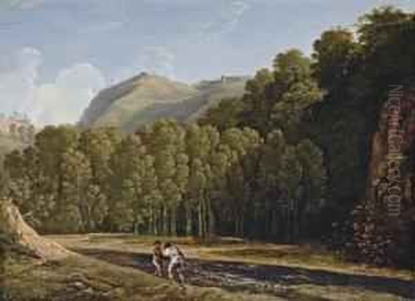 An Italianate Wooded Landscape With Fishermen Pulling In Their Catch - view 1