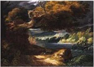 A Stormy Landscape With A Fallen Oak Beside A River, A Town Beyond by Pierre-Henri de Valenciennes