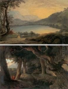 A View Of Lake Nemi With A
Piping Shepherd And A Wooded Landscape With A Deer And Two Figures
Conversing Before A Distant Town: A Pair Of Paintings by Pierre-Henri de Valenciennes