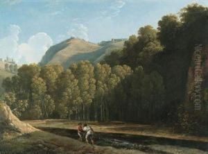 An Italianate Wooded Landscape With Two Fishermen By A Stream by Pierre-Henri de Valenciennes