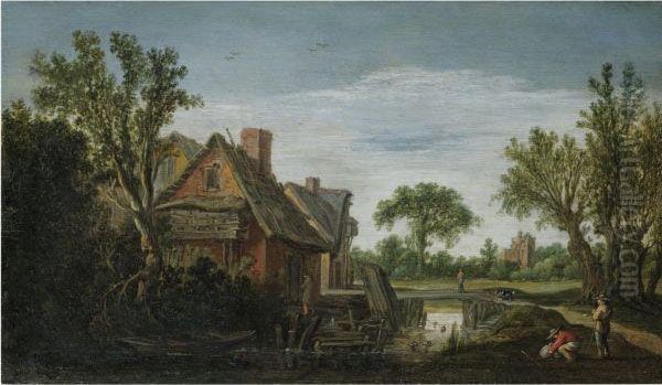 A Wooded River Landscape With
Figures On A Path On A River Bankbeside A Village, A Bridge Beyond - view 1