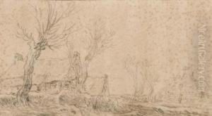 Chaumiere Dans Un Paysage Aux Arbres Noueux by Esaias Van De Velde