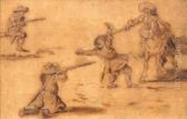 Scene De Combat Au Fusil Et Pistolet Entre Des Fantassins Et Un Cavalier - view 1