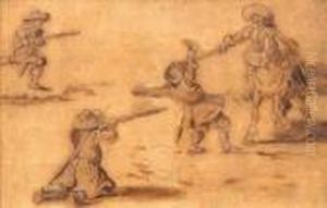 Scene De Combat Au Fusil Et Pistolet Entre Des Fantassins Et Un Cavalier