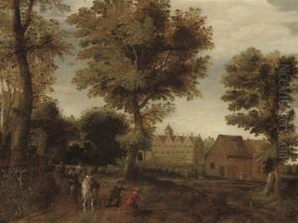 A Wooded Landscape With Elegant Company On A Track, A Palace Beyond - view 1