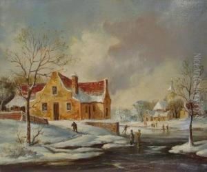 A Wintry Landscape With Figures Skating On A Frozen River