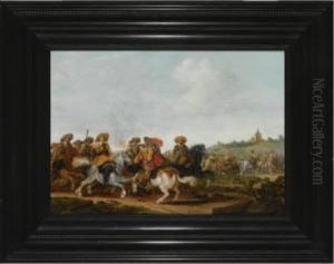A Cavalry Battle With A View Of A Church Beyond
