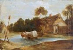 Ansicht Einesbauernhauses Mit Einem Den Fluss Passierenden Pferdewagen Ansicht Einesbauernhauses Mit Einem Den Fluss Passierenden Pferdewagen