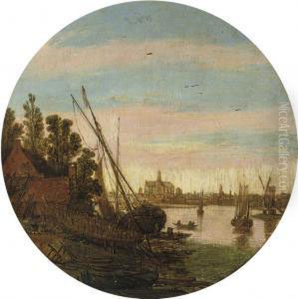 A Shipyard On The Banks Of A River With A Boat Being Caulked,haarlem Beyond - view 1