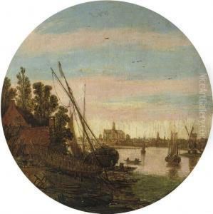 A Shipyard On The Banks Of A River With A Boat Being Caulked,haarlem Beyond