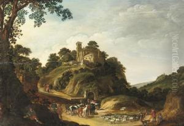 A Rocky Wooded Landscape With Christ On The Road To Emmaus - view 1