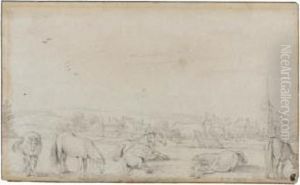 Horses In A Field Before A Town,
Probably The Horse Fair At Valkenburgh Outside The Hague by Esaias Van De Velde
