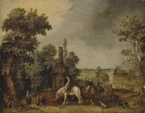 An Extensive Landscape With A Hunting Party Halting By A Classical Fountain by Esaias Van De Velde