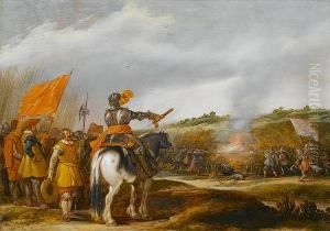 A Mounted General Addressing His Troops, An Infantry Battle Beyond by Esaias Van De Velde