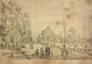 A Village Scene With Harvesters And A Horseman On A Track