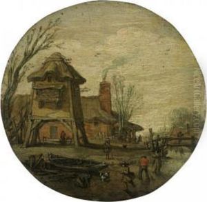 Winter Landscape With Figures
Skating And Playing Kolf On A Frozen River
Before A Large Dovecote And A Cottage by Esaias Van De Velde