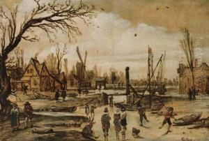 A Winter Landscape With Figures Skating On A Frozen Canal by Esaias Van De Velde