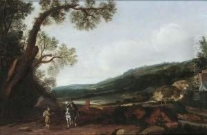 Hilly Landscape With Travellers And A Horseman On A Path by Esaias Van De Velde