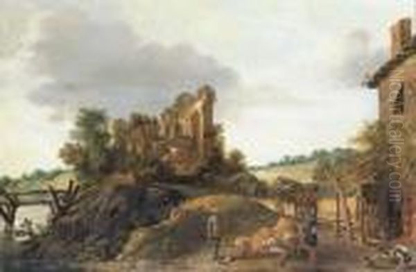An Extensive Landscape With 
Soldiers Resting By A Tavern, A Horseand Cart And Other Figures On A 
Road And A Ruin On A Hilltopbeyond - view 1