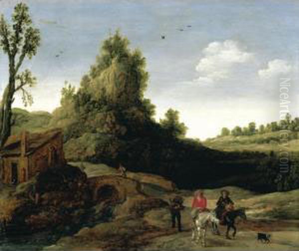 Landscape With Travellers 
Crossing A Bridge Before A Small Dwelling, Horsemen In The Foreground - view 1