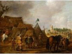 A Military Encampment By A Farm by Esaias Van De Velde