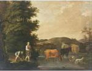 A River Landscape With Cattle Watering And Two Shepherds With A Dog A River Landscape With Cattle Watering And Two Shepherds With A Dog