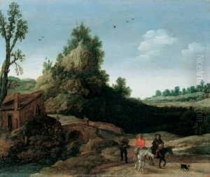 Landschaft Mit Zwei Reitern Vor Einem Steilen Berg. by Esaias Van De Velde
