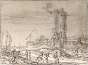 Fishermen And Beached Boats Before A Fire Tower by Esaias Van De Velde
