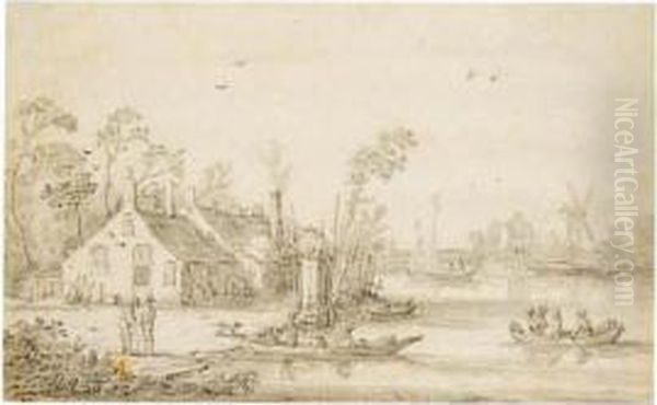River Landscape With Boats By Cottages, And A Mill Behind - view 1