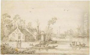 River Landscape With Boats By Cottages, And A Mill Behind by Esaias Van De Velde