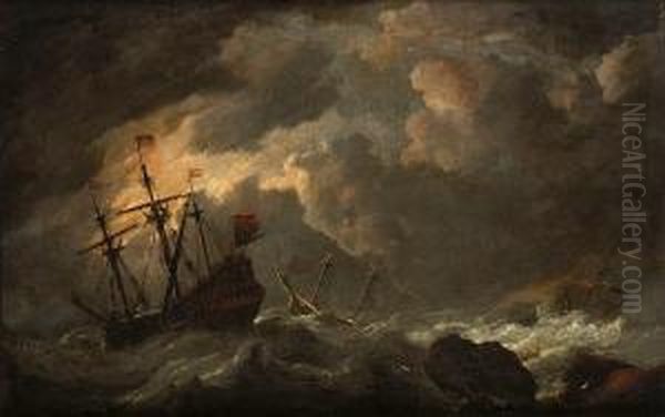 Dutch Shipping In Rough Seas Off A Rocky Coastline - view 1