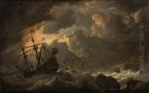 Dutch Shipping In Rough Seas Off A Rocky Coastline by Esaias Van De Velde