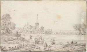 A Late Summer Landscape With 
Peasants On A Road, A Church And A Village In The Background by Esaias Van De Velde