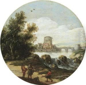 A River Landscape With Travellers On A Path Near A Waterfall, A Small Village Beyond by Esaias Van De Velde