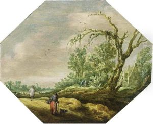 A Wooded Landscape With A Woman And A Dog On A Path Near A House, A River Beyond by Esaias Van De Velde
