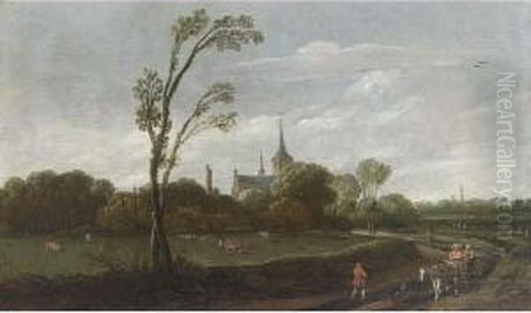 A Wooded Landscape With A
Horse-drawn Cart, A View Of A Village With A Church Tower Beyond - view 1