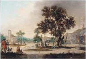 A Village Scene With Figures Dancing Under An Oak Tree