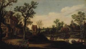 A Wooded River Landscape With A Ferry And Figures On A Track