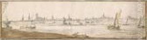 Panoramic Landscape With Boats On A River, And A Town Behind by Abraham de Verwer