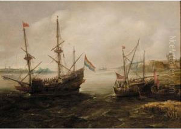 A Dutch Warship At Anchor In An Estuary, Another Small Vessel Nearby by Abraham de Verwer