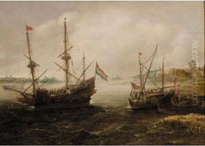 A Dutch Warship At Anchor In An Estuary, Another Small Vessel Nearby by Abraham de Verwer