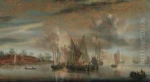 A Calm: Wijdships And A Threemaster At Anchor In A River Estuary