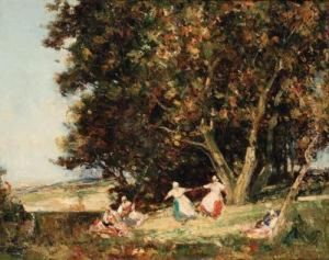 Figures Dancing In A Rustic Landscape; And Figures Resting On Acountry Path by Joseph Vickers De Ville