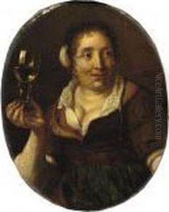 A Peasant Woman Holding A Glass Of Wine by Arie de Vois