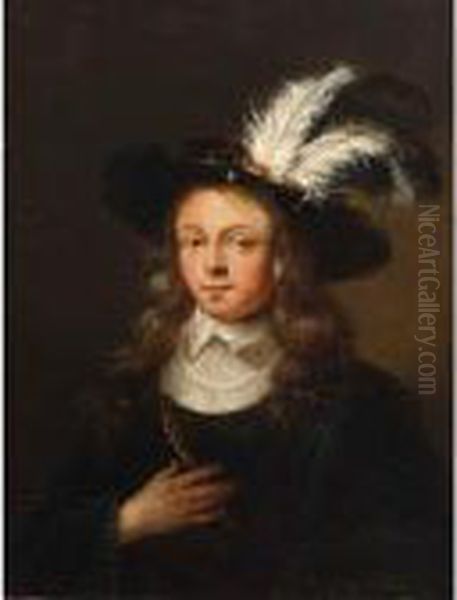 A Portrait Of A Young Man, Bust
Length, Wearing A Black Coat With White Collar And A Feathered Hat - view 1