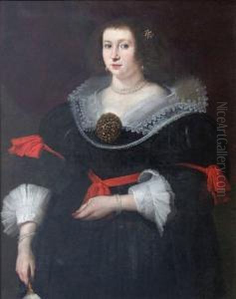 Portrait De Femme A Robe De Dentelle Et Ruban Rouge - view 1