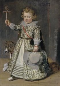 Portrait Of Boy Aged Two, 
Full-length, In A White Embroidered Dress Decorated With Acorns, Holding
 A Perch With A Finch In His Right Hand, With A Dog